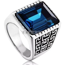 Blue Topaz Emerald Cut Gemstone With 925 Sterling Silver Ring For Men's #34 *