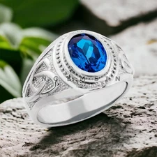Blue Sapphire Gemstone With 925 Sterling Silver Ring For Men's #AL386