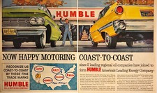 1960 2 PAGE AD Humble Oil Vintage Print Ad Smiling Mechanic Front of Store