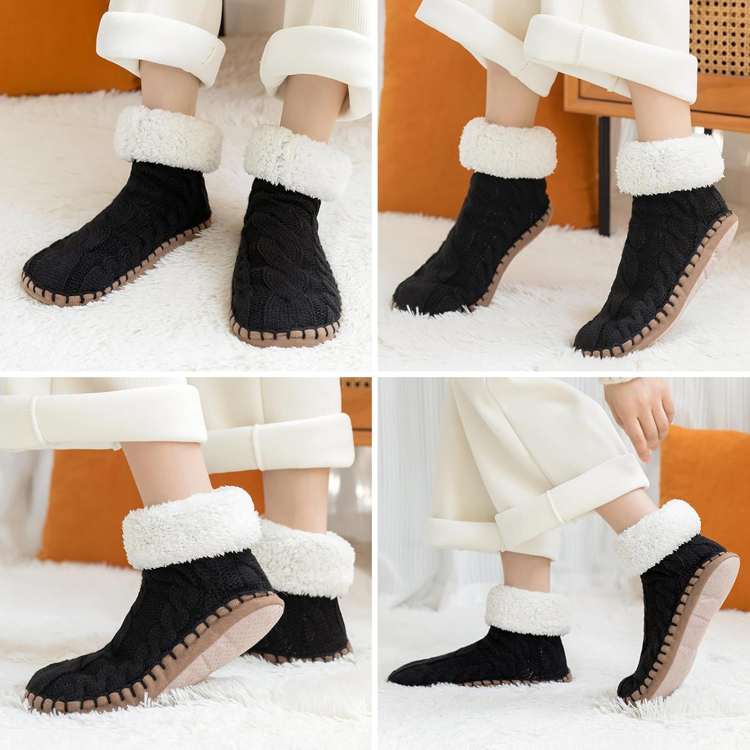 SAOLA Calzini Ciabatte per Donna Gripper Nero Foderato Spessa Maglia Ciabatta Calzino con Suola