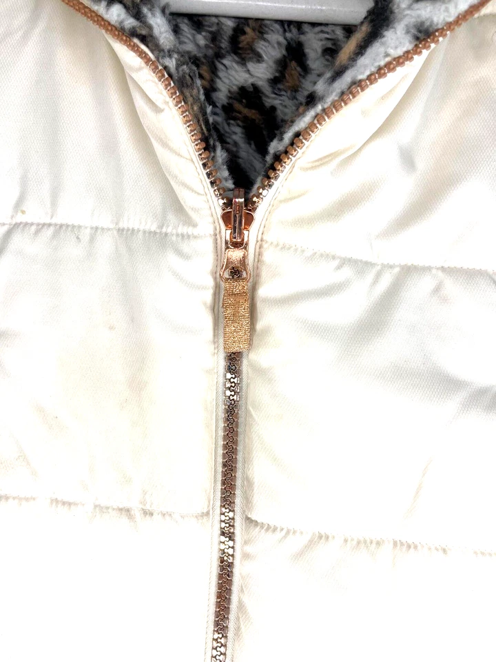 Chaqueta de esquí blanca Gerry para niñas talla 5 leopardo piel sintética abrigo acolchado de invierno REVERSIBLE Foto 3 de 4
