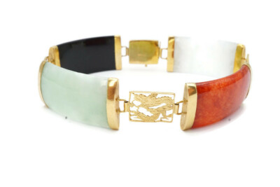 14k Yellow Gold Multicolor Jade Panel Bracelet Dragon 7.5