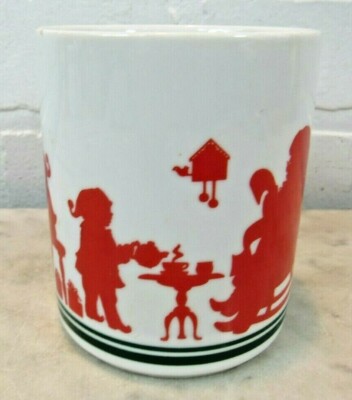 VINTAGE TEA COFFEE MUG CUP AVON SILHOUETTE CHRISTMAS ELVES SANTA CAT RED GREEN