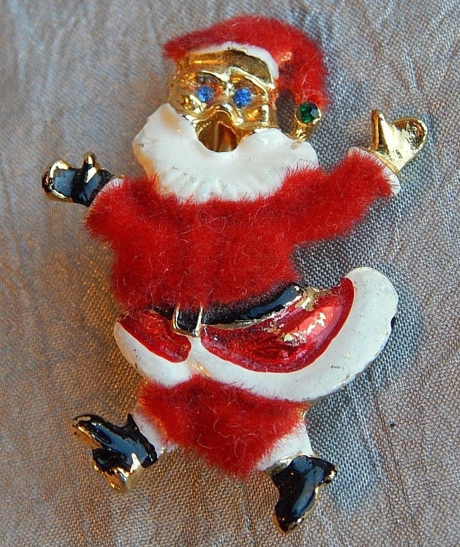 Vintage Christmas Pin Brooch Enamel & Flocked San… - image 1