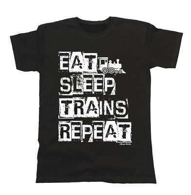 Eat Sleep Trains Repeat BIO T-Shirt Jungen Mädchen Kinder Unisex Passform Zug Spotter
