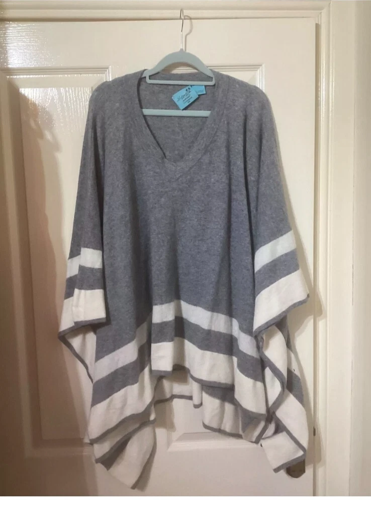 Letarte luxury cashmere poncho One size Grey with cream stripes
Opens in a new window or tab