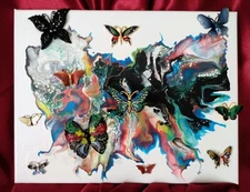 ABSTRACT BUTTERFLY PAINTING, ORIGINAL, VINTAGE JEWELRY EMBELLISHED, 3D