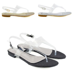 Womens Toepost Sandals Perspex Ladies Summer Beach Clear Slingback Holiday Shoes 