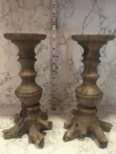 Pair Farmhouse Rustic Faux Wood Resin Tall Candlesticks 10.5” & 4”