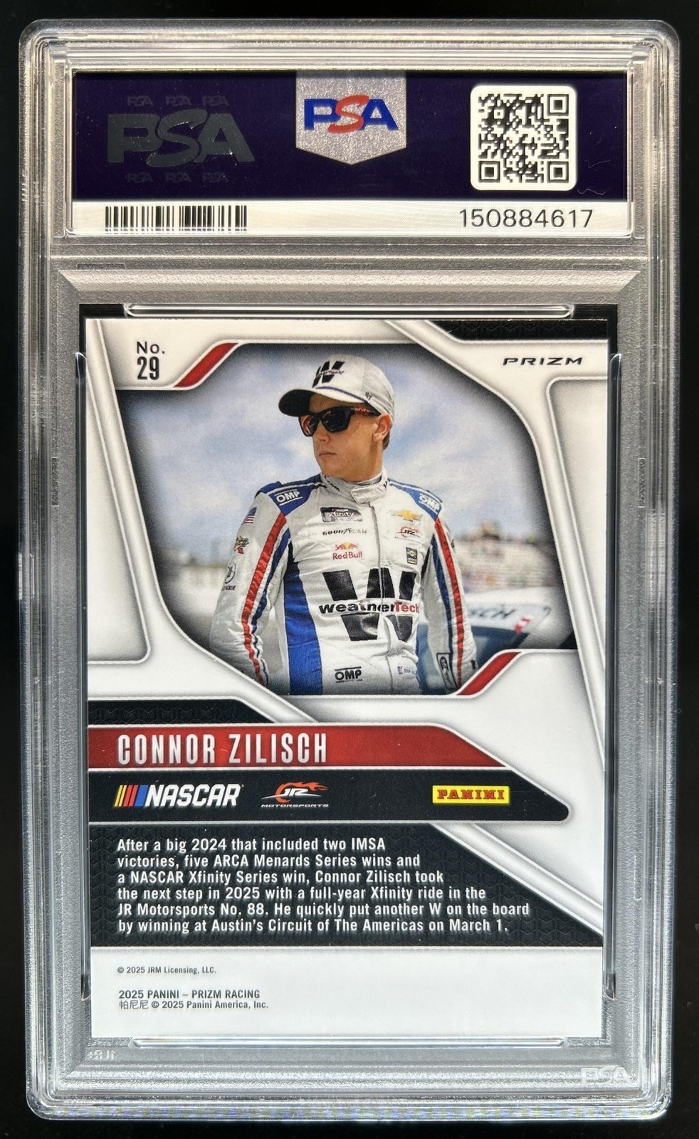 2025 Panini Prizm NASCAR Connor Zilisch RC SP White Sparkle Prizm #29 PSA 10 view 2