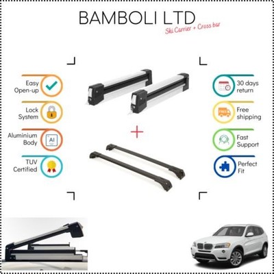 Bamboli 19'' Ski Carrier & Black Cross Bar Set For Bmw X3 2011 - 2014 4 pcs