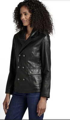 G-STAR RAW Women Size XL Lamb Leather Peacoat Jacket Black Double Breasted Y2K