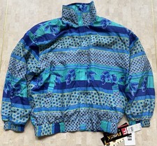 Fuda International Vintage 80s Silk Bold Patterned Teal Bomber Jacket Medium NWT