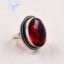 Handmade Faceted Garnet Ring: Oval Stone, 925 Sterling Silver Ring All Size