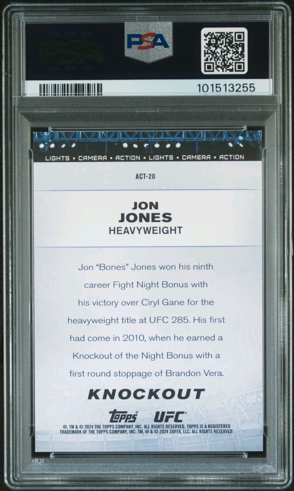 2024 Topps UFC Knockout #ACT-20 Jon Jones 5/5 Action Emerald PSA 8 Rare Champion view 2