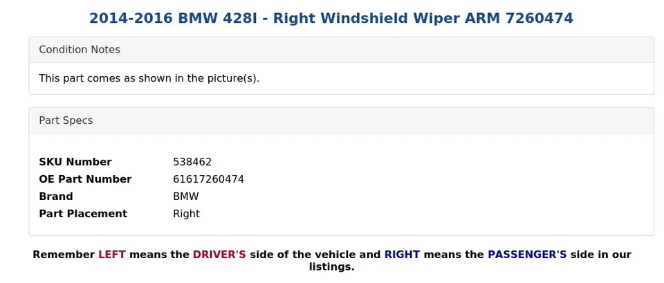 BMW 428I 2014-2016 - Brazo limpiaparabrisas derecho 7260474 Foto 4 de 4
