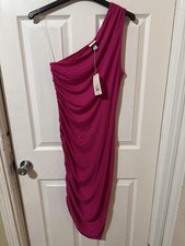 A New Day Dress Womens Small Fuchsia One Shoulder Ruched Bodycon Stretch Knit