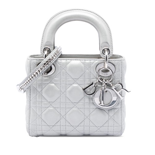 Dior Mini Iridescent Lambskin Cannage Lady Pre-Loved Satchel Silver