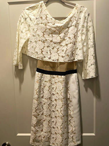 ABS by Allen Schwartz Ivory Floral Lace V-Neck 3/4 Sleeve Dress S