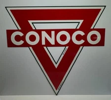 CONOCO DIE CUT BIG HEAVY-DUTY TRIANGULAR DOUBLE SIDE STEEL ENAMEL SIGN 36" X 38"