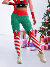 Glitter Elf Costume Striped Christmas Bow Holiday High Waist Leggings
