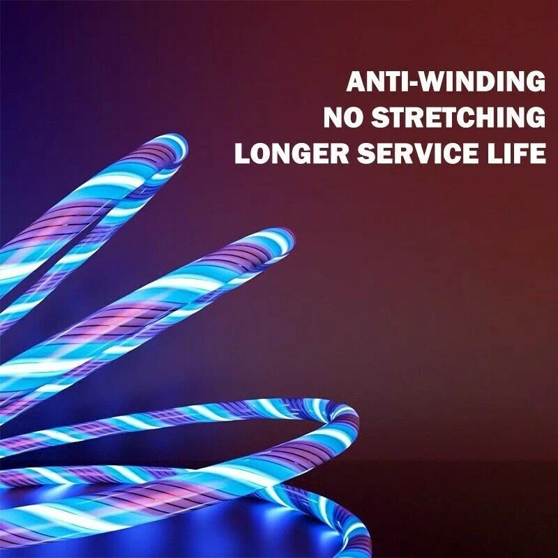 USB Phone Charger Cable Cord LED Light Up Type-C Fast Charging Flowing Glowing - Image 3 of 4