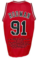 Chicago Bulls Dennis Rodman Autographed Pro Style Red Stat Jersey BAS Authent...