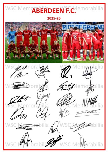 12019. Aberdeen FC Signed Team Sheets (A4 Prints) CHOOSE A SEASON 2025-26