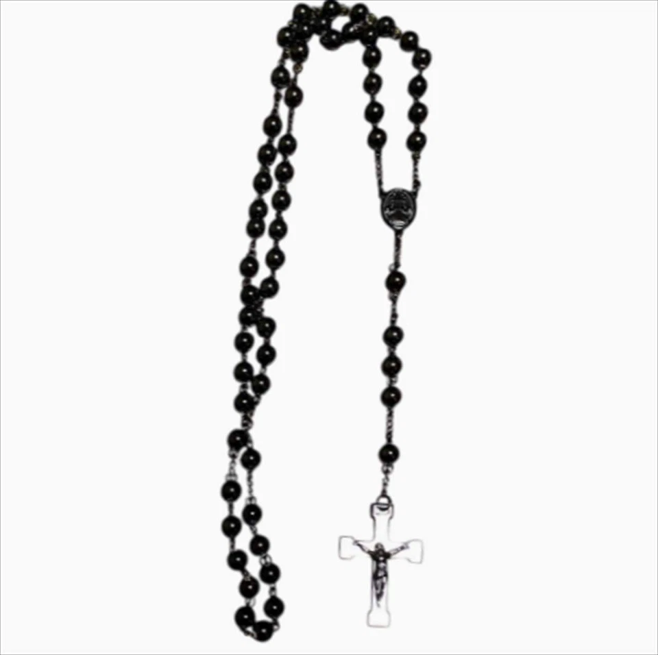 Collar Largo Dolce & Gabbana Rosario Ónix Negro Crucifijo Longitud: 31.5" De Colección Foto 3 de 4