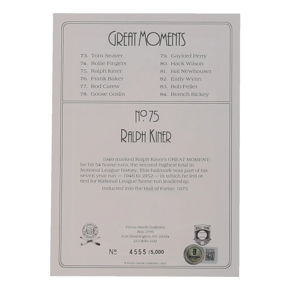 Ralph Kiner Signed Perez Steele Great Moments Card #75 - Image 2 of 2