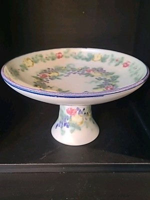 Vinrage Clouds Folsom Pottery Pedestal Shallow Bowl Floral Signed 1985