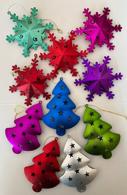 Christmas Ornament Lot Colorful 3D Metal Trees Snowflakes Cut Out Stars Swirls