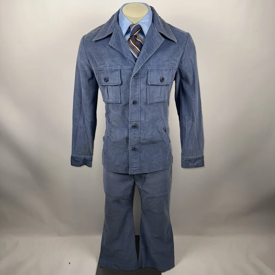 Vtg 60s 70s Leisure Suit Corduroy Mens 44 Jacket Coat 33 27 Pants Disco Mod Blue - Image 2 of 4