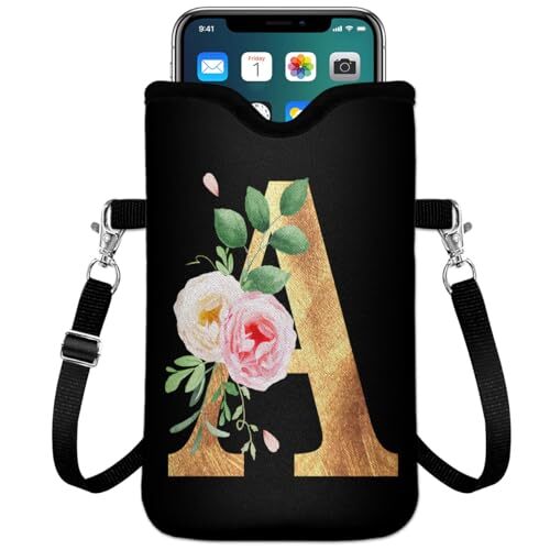 Initial Neoprene Cell Phone Sleeve Pouch With Crossbody Strap/Neck  Lanyard,2 Pockets Inner Universal Phone Bag For Womem Men Shockproof Mobile 