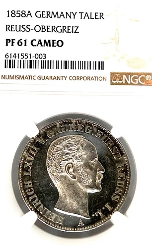 German States Reuss-Schleiz 1858 Taler Coin Thaler NGC PF 61 CAMEO UNC PP/PROOF