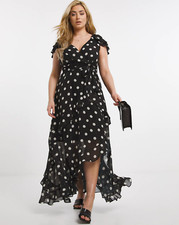 JOANNA HOPE BLACK & WHITE SPOTS PARTY EVENING MAXI RUFFLE DRESS UK SIZE 16.