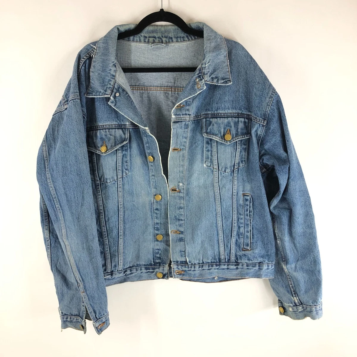 Mens Denim Jacket Distressed Retro Trucker Medium Wash Blue L