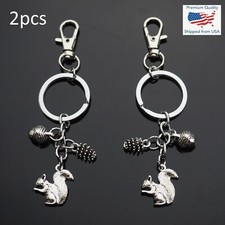 2pcs - Squirrel Keychain Eating Nut Acorn Pine Cone Nature Charms Key Chain Cilp