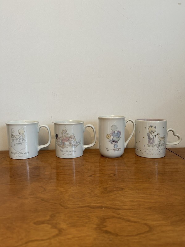 1985 Enesco Clowns Etc Set Of 4 Precious Moments White Coffee Mugs Tea Cups
