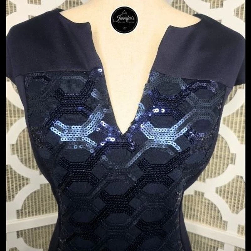 Vestido Vaina Connected Apparel Azul Marino Lentejuelas Manga Gorra Talla 14 Foto 4 de 4