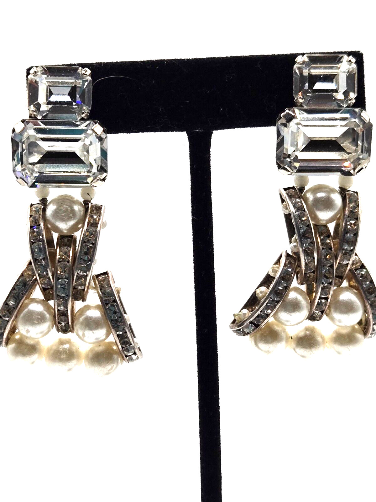 Vintage BOZART Made in ITALY Dangle Clip Earrings Rhinestones and Pearls 2.25"