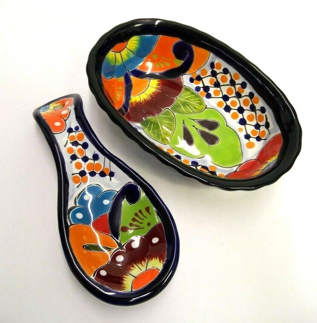 HAND PAINTED MEXICO MEXICAN POTTERY SPOON REST & BOWL S A B LEAD FREE EASTON eBay