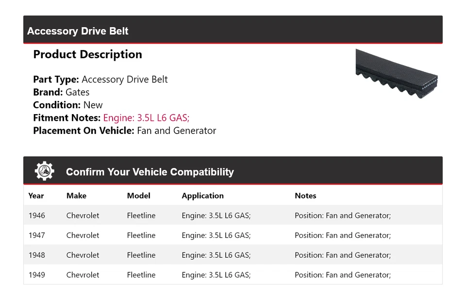 Ventilador de correa de transmisión de gas y puertas del generador para Chevrolet Fleetline 1946-1949 3,5 L L6 Foto 2 de 4