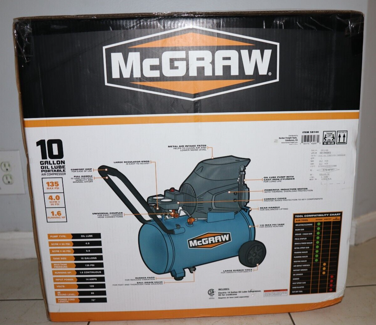 MCGRAW 10 Gal OilLube Portable Air Compressor 135 Max Psi 4.0 SCFM