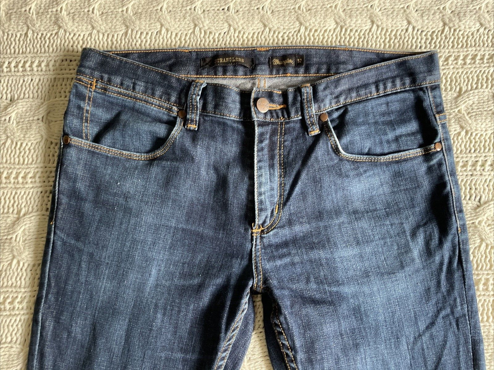 Wrangler size 32 Stranglers Regular Fir Skinny Leg Dark Blue Denim Jeans Zip Fly image 6