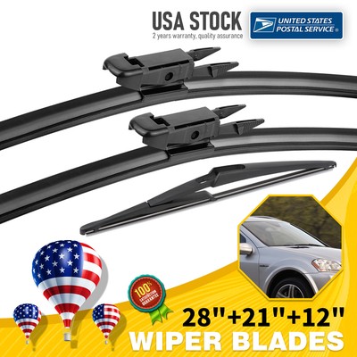 Front  Rear Windscreen Wiper Blades Set For Pinch Lock Wiper  28''&21''&12'' Rubber