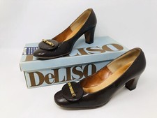 Vintage Brown Leather Textured Buckle Closed Toe Heels Pumps Deliso Debs 7B MB19