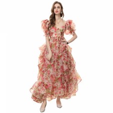 Women Square Collar Bubble Short Sleeves Flounces Fluffy Princess Dress.printed