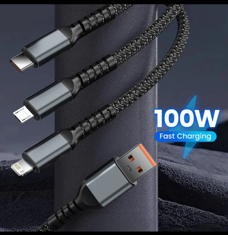 3-in-1 100W 5A Fast Charging USB To Type-C Micro Fast Charger Cable For iPhone 1 - Image 3 of 4