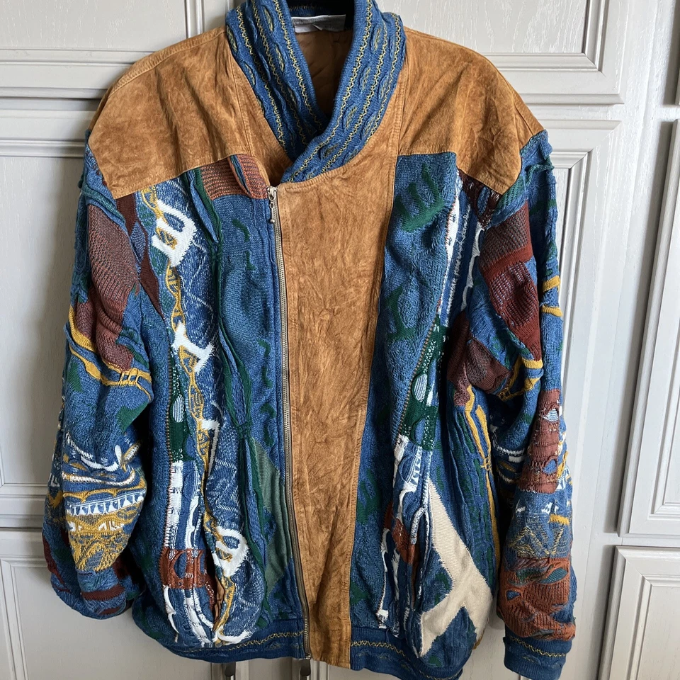 RARE Vintage COOGI SUEDE KNIT SWEATER ZIP JACKET Size XL multi